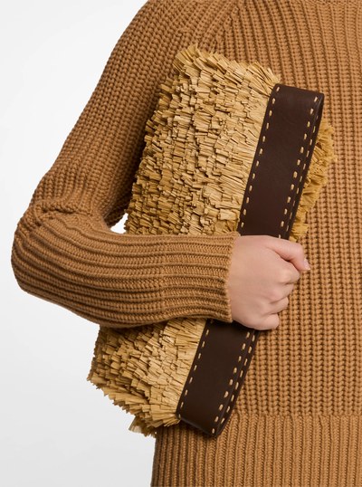 Sorrento Hand-Stitched Fringe and Leather Foldover Clutch in NATURAL/JAVA | Michael Kors
