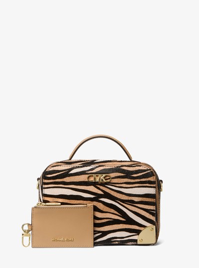Estelle Small Tiger Print Calf Hair Satchel in CAMEL COMBO | Michael Kors