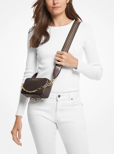 Jet Set Small Pebbled Leather Double-Zip Camera Bag in CHOCOLATE | Michael Kors