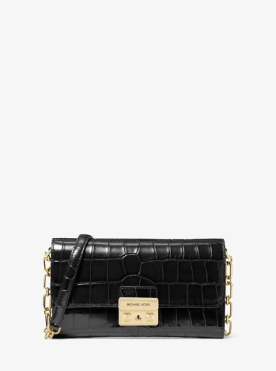 Tribeca Crocodile Embossed Leather Convertible Crossbody Bag in BLACK | Michael Kors