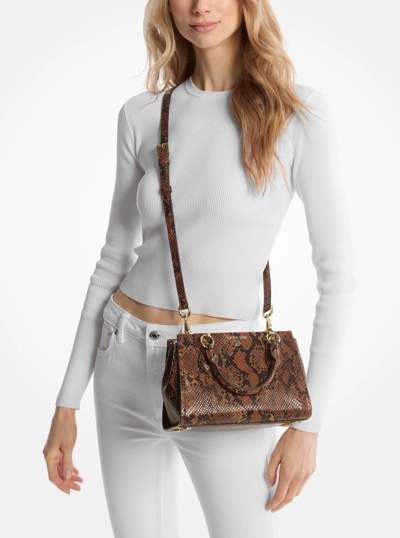Marilyn Small Snake Embossed Leather Crossbody Bag in LUGGAGE | Michael Kors