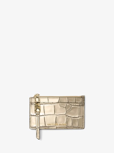 Empire Small Metallic Crocodile Embossed Leather Card Case in PALE GOLD | Michael Kors