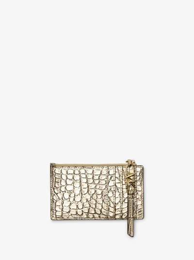 Empire Small Metallic Crocodile Embossed Leather Card Case in PALE GOLD | Michael Kors
