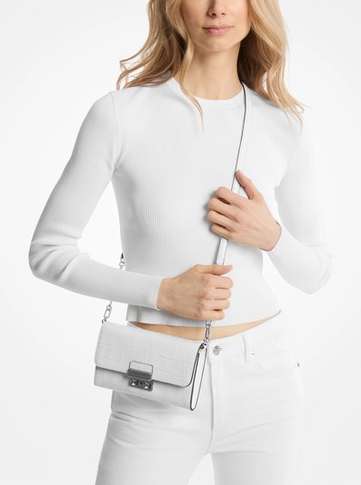 Tribeca Crocodile Embossed Leather Convertible Crossbody Bag in OPTIC WHITE | Michael Kors