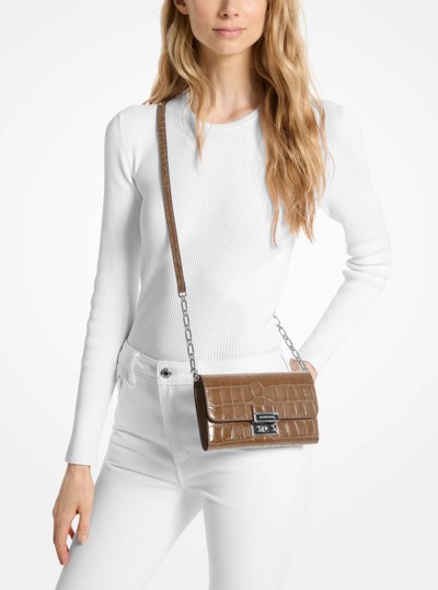 Tribeca Crocodile Embossed Leather Convertible Crossbody Bag in DRIFTWOOD | Michael Kors