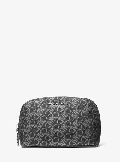 Small Metallic Empire Signature Logo Travel Pouch in BLACK/SILVER | Michael Kors