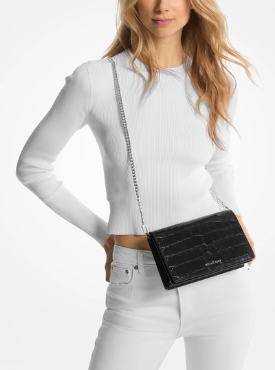 Jet Set Medium Crocodile Embossed Leather Crossbody Bag in BLACK | Michael Kors