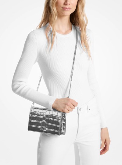 Jet Set Medium Metallic Crocodile Embossed Leather Crossbody Bag in SILVER | Michael Kors