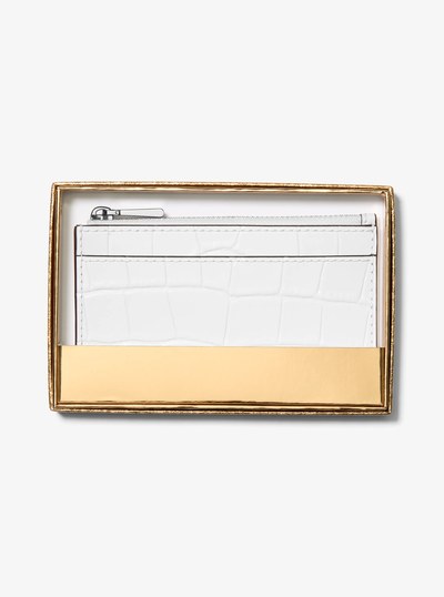 Jet Set Small Crocodile Embossed Leather Card Case in OPTIC WHITE | Michael Kors