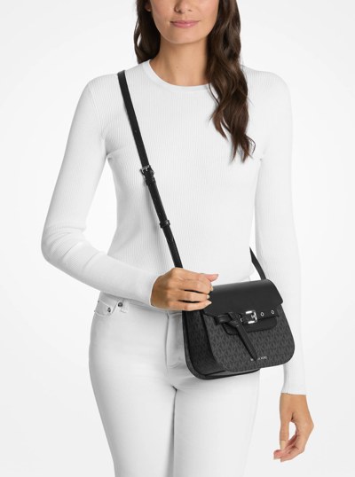 Emilia Small Signature Logo Saddle Crossbody Bag in BLACK | Michael Kors
