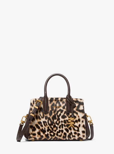 Laila Small Leopard Print Calf Hair Satchel in BURNT KHAKI | Michael Kors