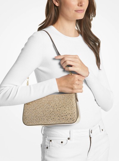 Empire Medium Embellished Suede Chain-Link Pochette in PALE GOLD | Michael Kors