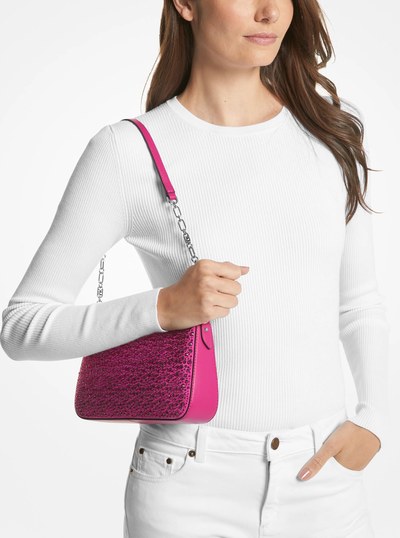 Empire Medium Embellished Suede Chain-Link Pochette in DEEP FUCHSIA | Michael Kors