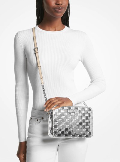 Jet Set Large Logo Embossed Patent Crossbody Bag in SILVER | Michael Kors