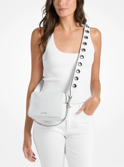 Bryant Medium Studded Pebbled Leather Camera Crossbody Bag in OPTIC WHITE | Michael Kors