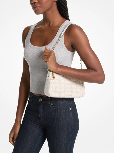 Empire Medium Frayed Denim Chain-Link Pochette in OPTIC WHITE | Michael Kors