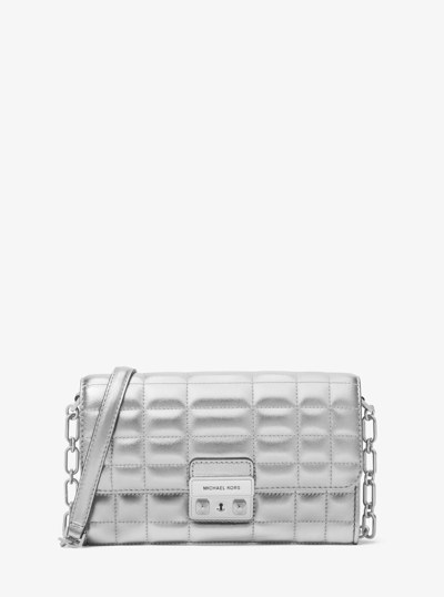 Tribeca Metallic Leather Convertible Crossbody Bag in SILVER | Michael Kors