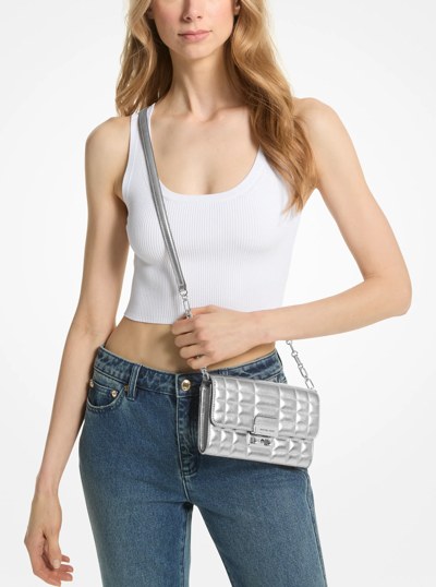 Tribeca Metallic Leather Convertible Crossbody Bag in SILVER | Michael Kors