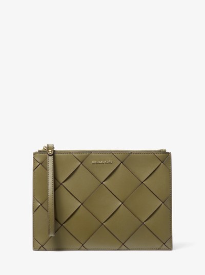 Jet Set Travel Extra-Large Woven Leather Wristlet in SAFARI GREEN | Michael Kors