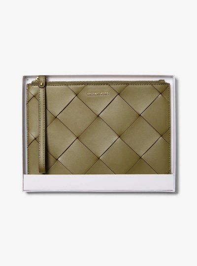 Jet Set Travel Extra-Large Woven Leather Wristlet in SAFARI GREEN | Michael Kors