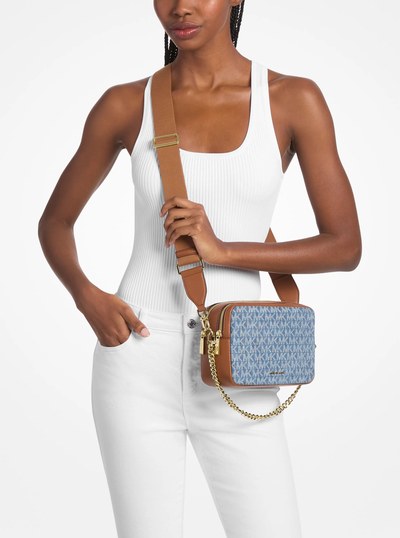 Bryant Medium Logo Jacquard Denim Camera Crossbody Bag in NEW HORIZON | Michael Kors