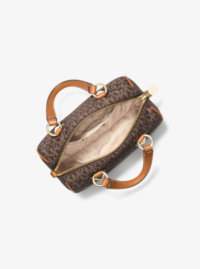 Grayson Small Logo Print Woven Duffel Crossbody Bag in BRN/ACORN | Michael Kors