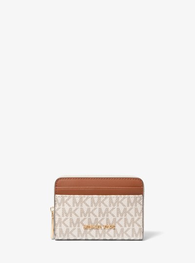 Jet Set Small Signature Logo Zip-Around Card Case in VANILLA/ACORN | Michael Kors