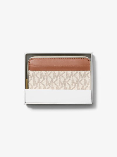 Jet Set Small Signature Logo Zip-Around Card Case in VANILLA/ACORN | Michael Kors
