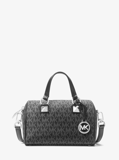 Grayson Small Logo Print Woven Duffel Crossbody Bag in BLACK | Michael Kors