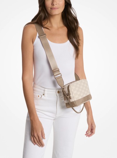 Bryant Medium Two-Tone Logo Jacquard and Leather Camera Crossbody Bag in BIRCH | Michael Kors
