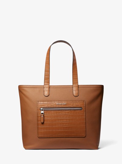 Hudson Textured Leather Top-Zip Tote Bag in LUGGAGE | Michael Kors