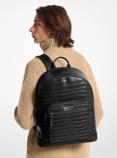 Hudson Crocodile Embossed Leather Commuter Backpack in BLACK | Michael Kors