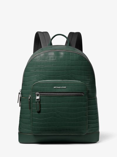 Hudson Crocodile Embossed Leather Commuter Backpack in FOREST GREEN | Michael Kors