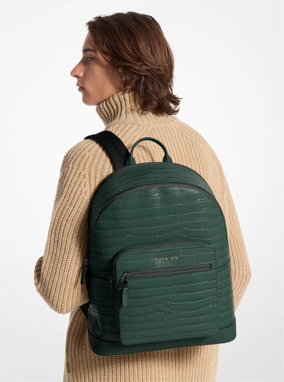Hudson Crocodile Embossed Leather Commuter Backpack in FOREST GREEN | Michael Kors