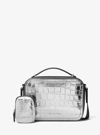 Hudson Metallic Crocodile Embossed Leather Crossbody Bag in SILVER | Michael Kors