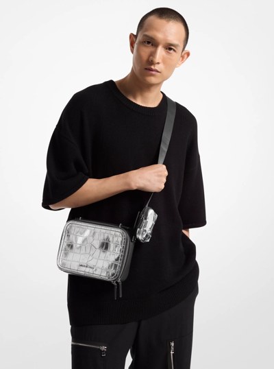 Hudson Metallic Crocodile Embossed Leather Crossbody Bag in SILVER | Michael Kors