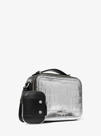 Hudson Metallic Crocodile Embossed Leather Crossbody Bag in SILVER | Michael Kors