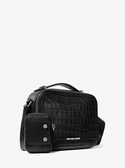 Hudson Crocodile Embossed Leather Crossbody Bag in BLACK | Michael Kors