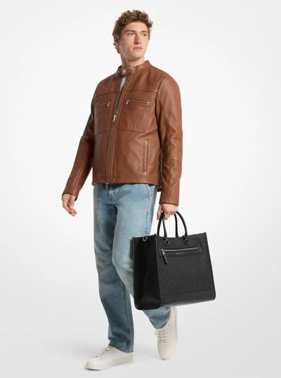 Jet Set Logo Embossed Leather Tote Bag in BLACK | Michael Kors