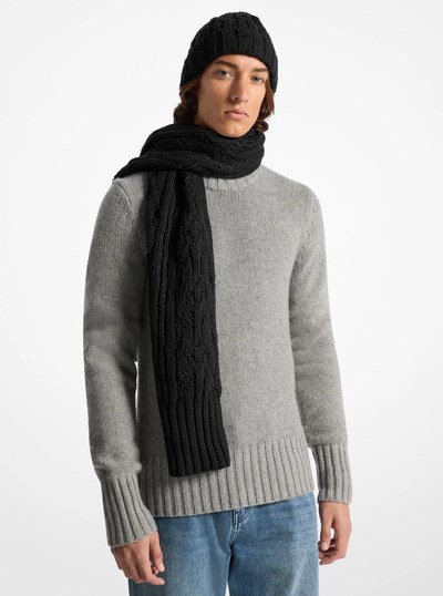 Cable-Knit Beanie Hat And Scarf Set in BLACK | Michael Kors