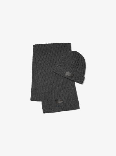 Ribbed Knit Beanie Hat and Scarf Set in CHARCOAL MELANGE | Michael Kors