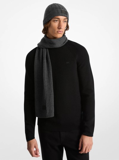 Ribbed Knit Beanie Hat and Scarf Set in CHARCOAL MELANGE | Michael Kors