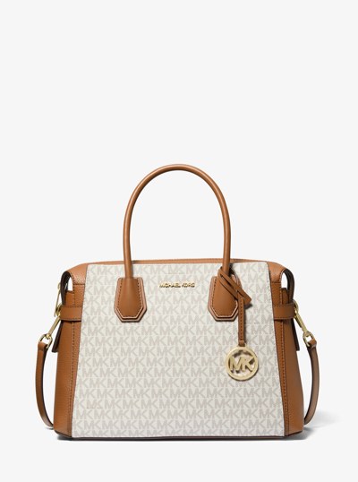 Mercer Medium Signature Logo and Leather Belted Satchel in VANILLA | Michael Kors
