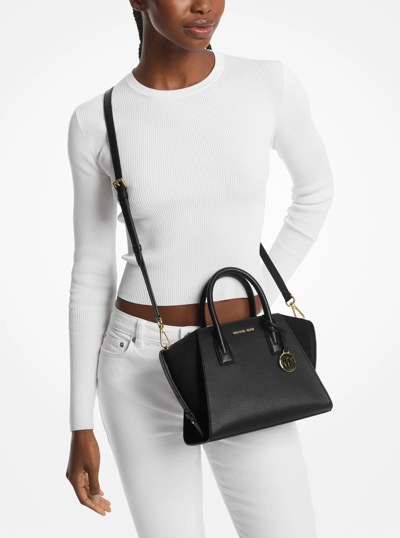 Avril Small Pebbled Leather Satchel in BLACK | Michael Kors