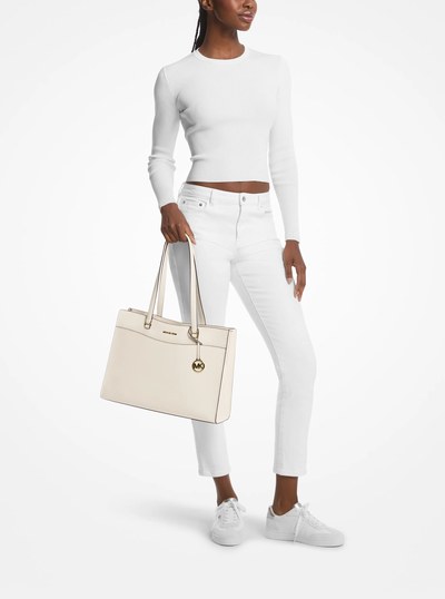 Jet Set Travel Large Saffiano Leather Pocket Tote Bag in LT CREAM | Michael Kors
