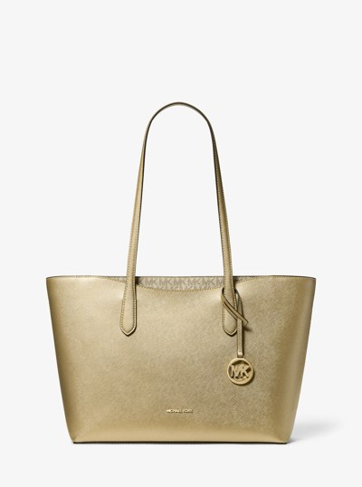 Arden Large Metallic Top-Zip Tote Bag in PALE GOLD | Michael Kors