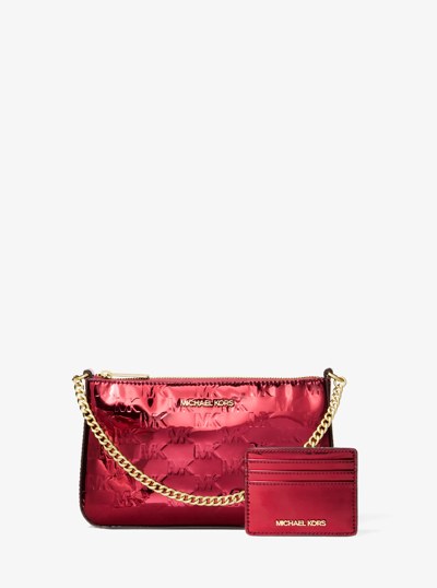 Jet Set Medium Metallic Logo Debossed Pochette and Card Case Gift Set in CEREZA | Michael Kors