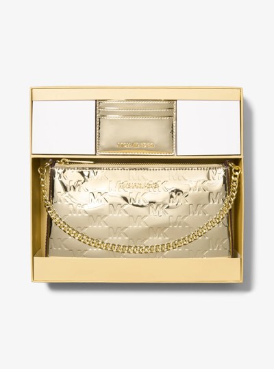 Jet Set Medium Metallic Logo Debossed Pochette and Card Case Gift Set in PALE GOLD | Michael Kors