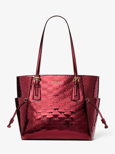 Voyager Large Metallic Logo Debossed Tote Bag in CHERRY | Michael Kors