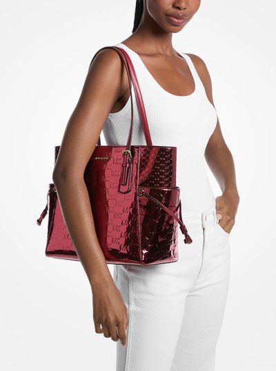 Voyager Large Metallic Logo Debossed Tote Bag in CHERRY | Michael Kors